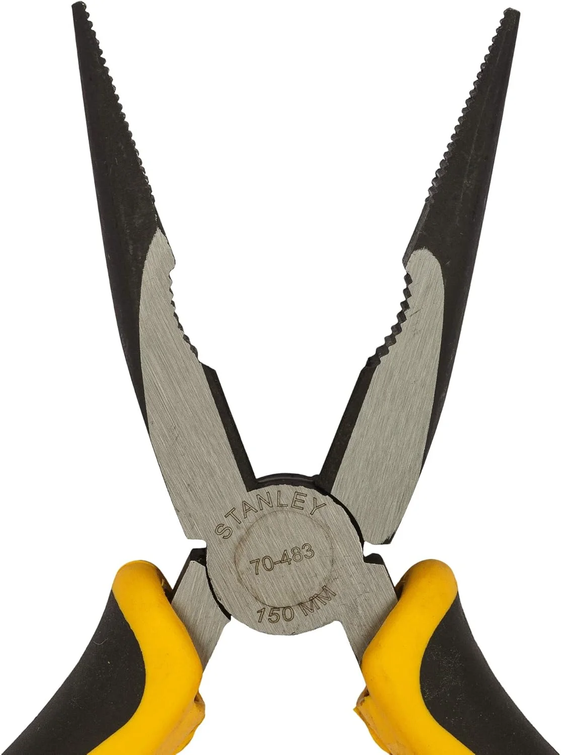 انبر دم باریک 6 اینچی استنلی مدل 70-483، روکش دو رنگ فولادی مقاوم، دسته Dynagrip با طراحی ارگونومیک و محافظ انگشت، فک های فولادی کربنی آهنگری شده با عملیات حرارتی کامل، مناسب برای برش سیم های نازک