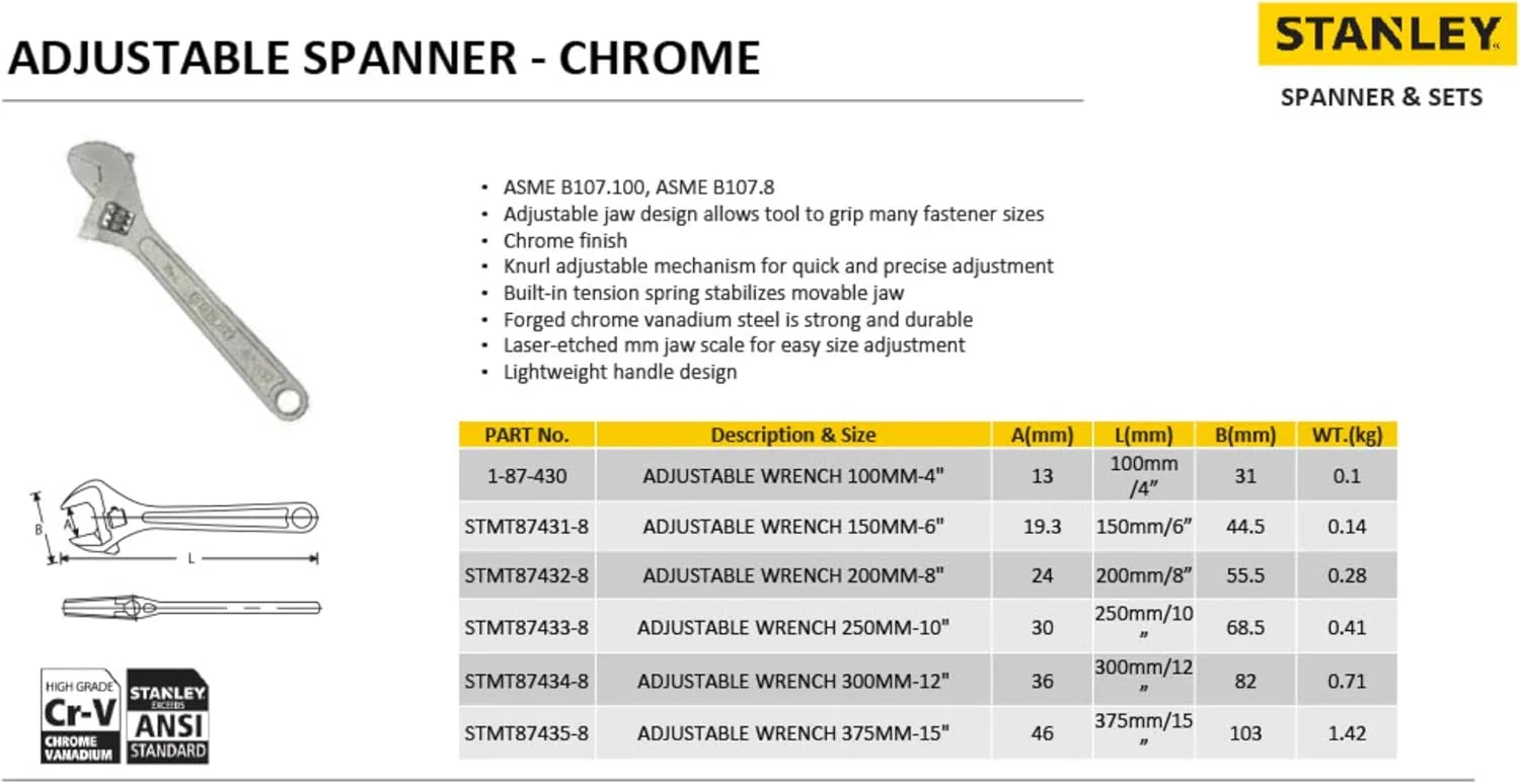آچار فرانسه استنلی مدل STMT87433-8 (روکش کروم، 10 اینچ)