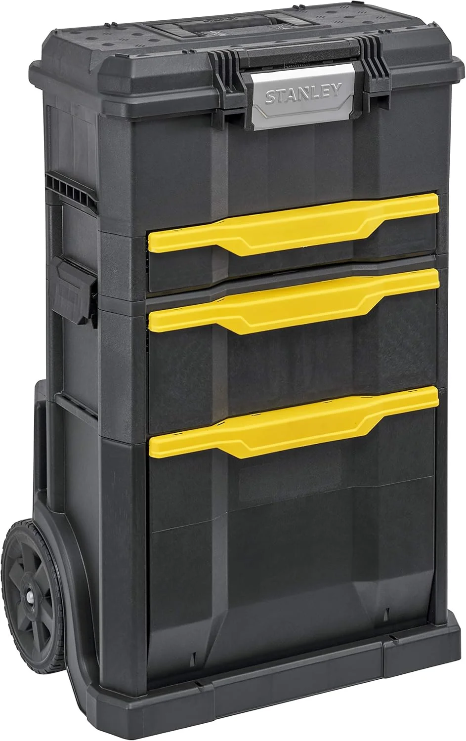 جعبه ابزار چرخ‌دار استنلی (77.8 x 48.8 x 34.8 سانتی‌متر، 2 در 1، ساختار ماژولار، سه جعبه ابزار جداشدنی با رهاسازی سریع، دسته آلومینیومی تلسکوپی) STST1-70344