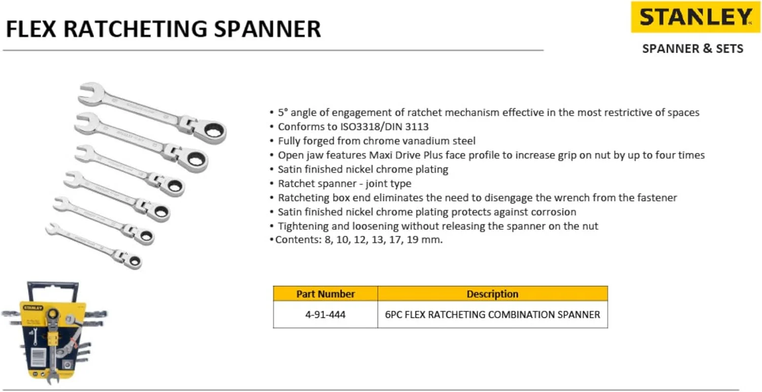 آچار فرانسه جغجغه ای چرخشی استنلی مدل 4-91-444، نقره ای، مجموعه 6 عددی