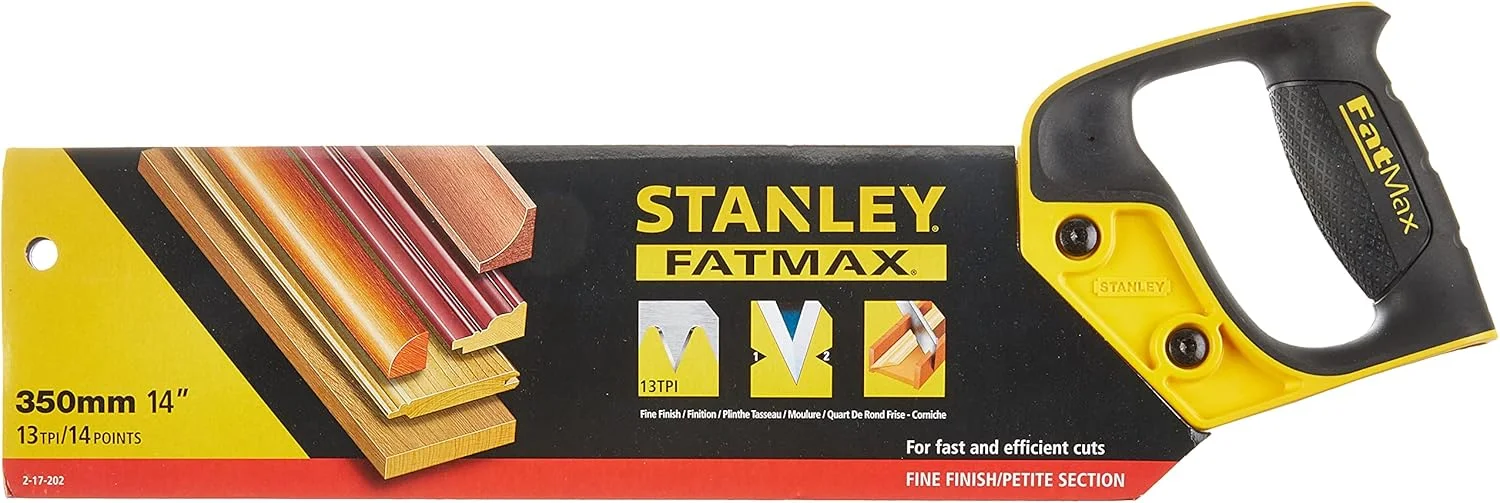 اره پشت دار استنلی FatMax 2-17-202، طول 350 میلی متر، 13 دندانه در اینچ، پشت تقویت شده، پلاستیک ABS، دسته ارگونومیک