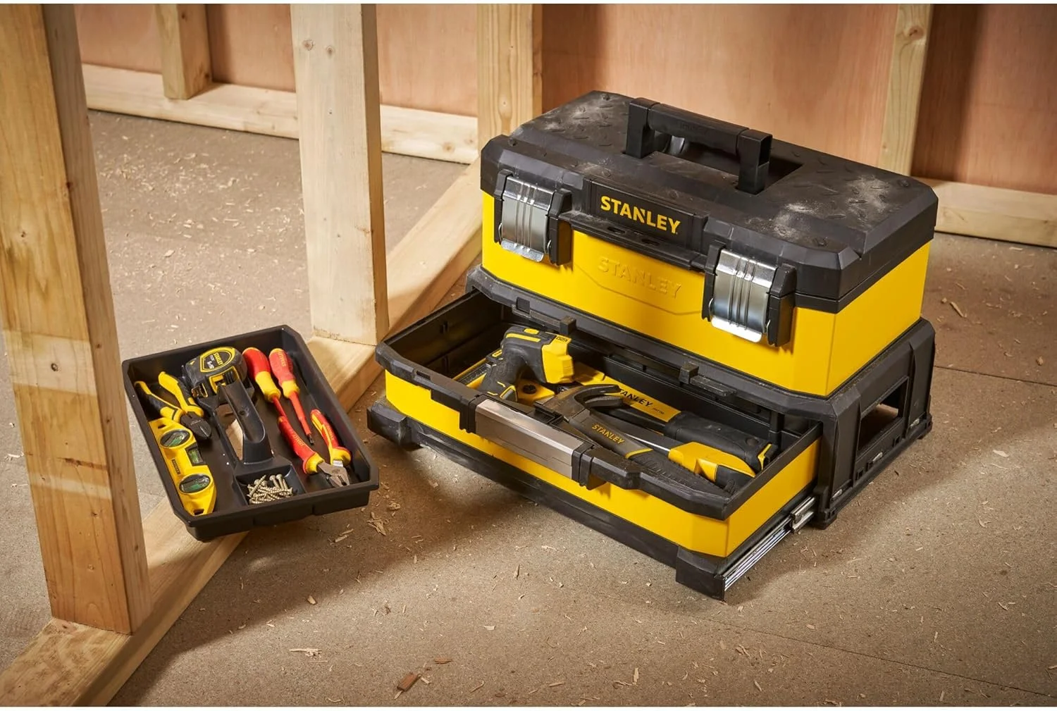 جعبه ابزار فلزی/پلاستیکی استنلی مدل 1-95-829 با کشو، مشکی/زرد