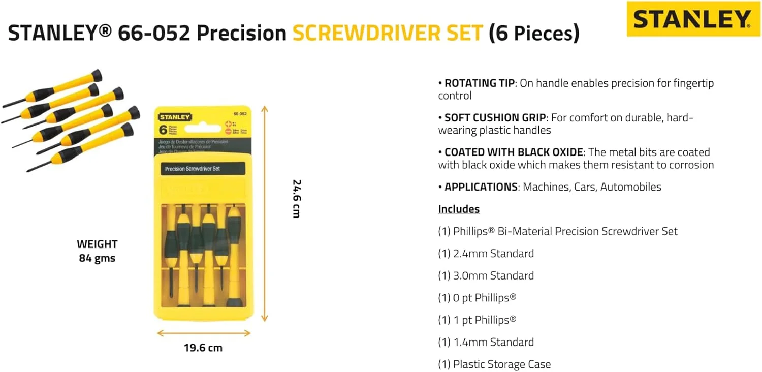 مجموعه پیچ گوشتی دقیق استنلی 66-052 با دسته دو ماده ای (6 عددی)، قرمز