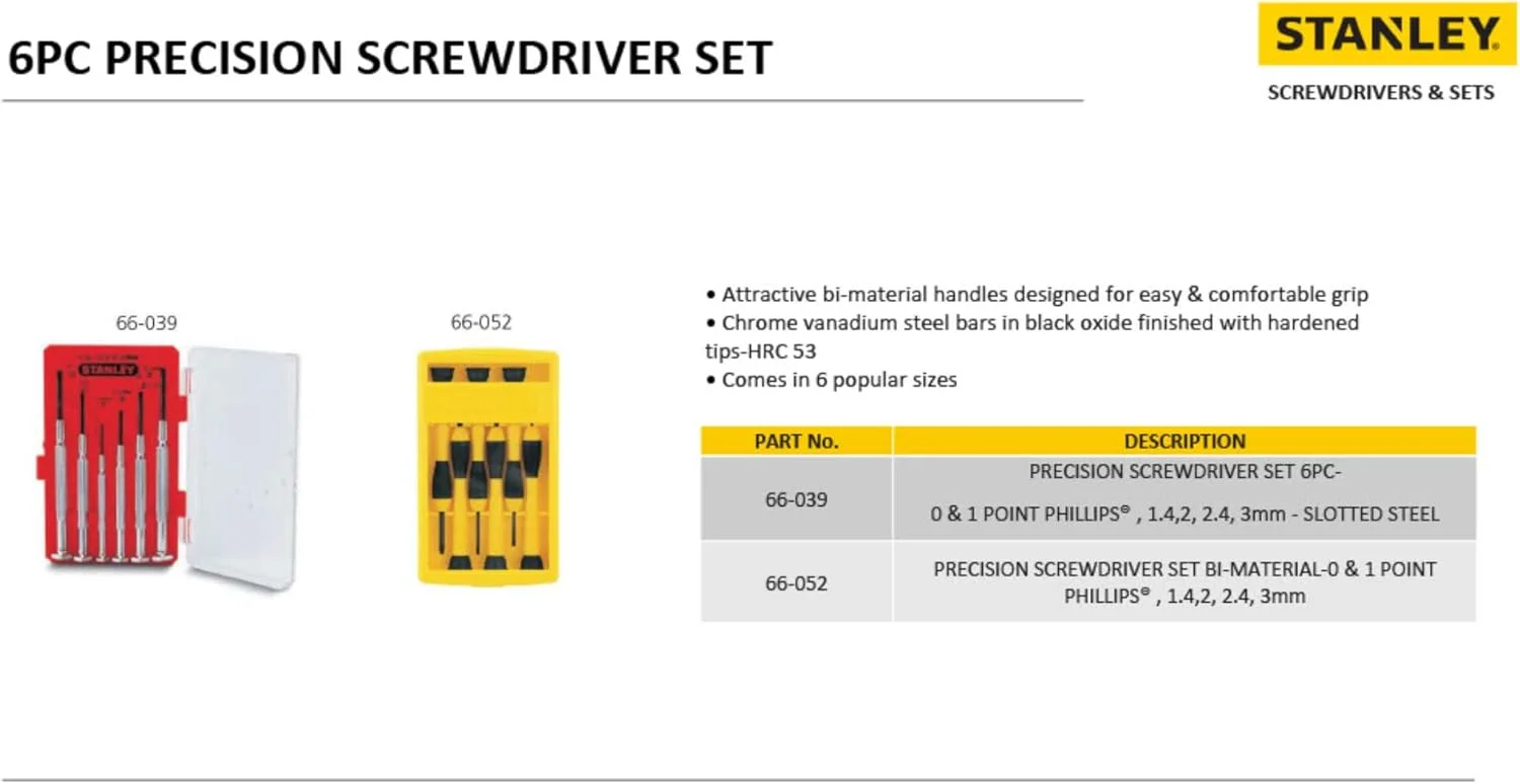 مجموعه پیچ گوشتی دقیق استنلی 66-052 با دسته دو ماده ای (6 عددی)، قرمز