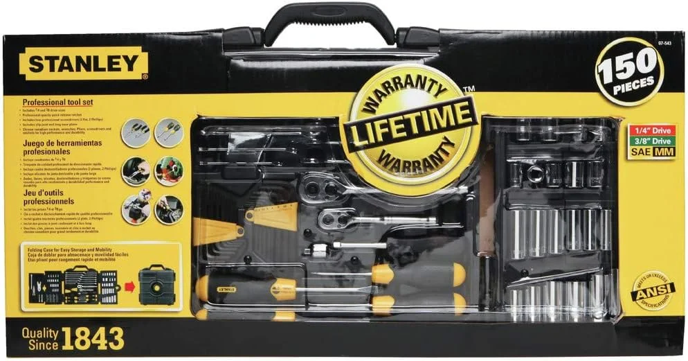 جعبه ابزار 150 پارچه مکانیکی استنلی، نقره ای/مشکی، مدل 97-543