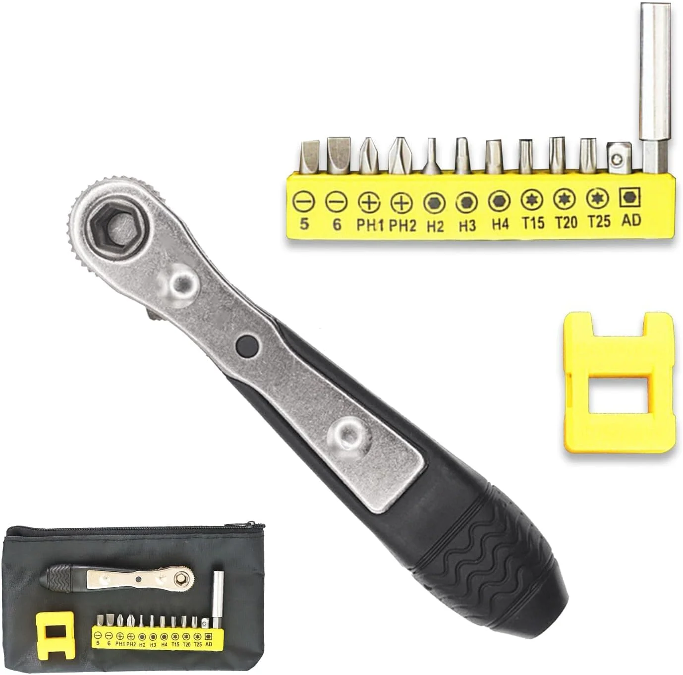 ست پیچ گوشتی جغجغه ای مینی 14 تکه، پیچ گوشتی زاویه دار، آچار جغجغه ای مینی برای فضاهای تنگ، پیچ گوشتی های کوتاه با سری های چهارسو، دوسو، ستاره ای، آلن، مربعی و پوزی درایو