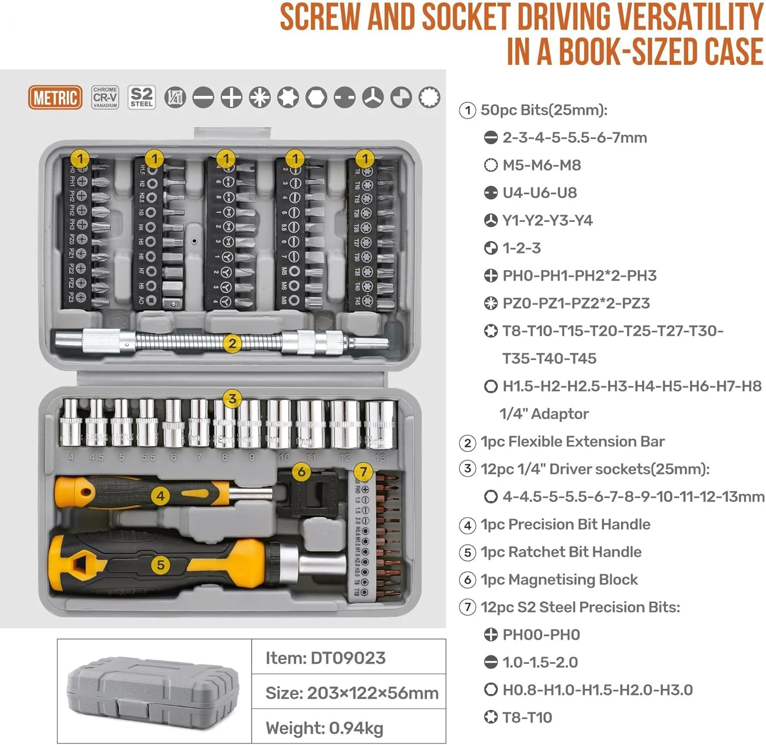 مجموعه سری پیچ گوشتی با سوکت شش گوش 1/4 اینچی، 78 قطعه با افزونه انعطاف پذیر دقیق، سری های مقاوم در برابر دستکاری و ستاره ای، کیت ابزار چند بیتی مغناطیسی برای تعمیرات خانه، خودرو و الکترونیک، جعبه نگهداری