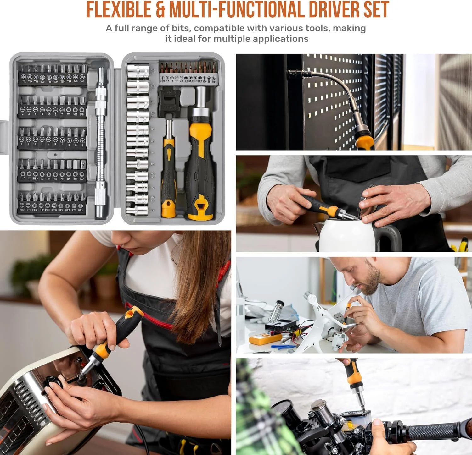 مجموعه سری پیچ گوشتی با سوکت شش گوش 1/4 اینچی، 78 قطعه با افزونه انعطاف پذیر دقیق، سری های مقاوم در برابر دستکاری و ستاره ای، کیت ابزار چند بیتی مغناطیسی برای تعمیرات خانه، خودرو و الکترونیک، جعبه نگهداری