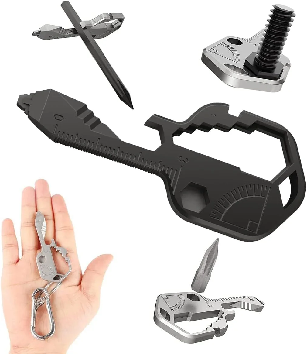 ابزار چندکاره جیبی KASTWAVE به شکل کلید، کیت ابزار کوچک 24 در 1، ابزار چندکاره استیل ضد زنگ برای پیچ گوشتی، سوهان، درب بازکن بطری، آچار، خط کش، سیم لخت کن، هدیه برای آقایان (مشکی)