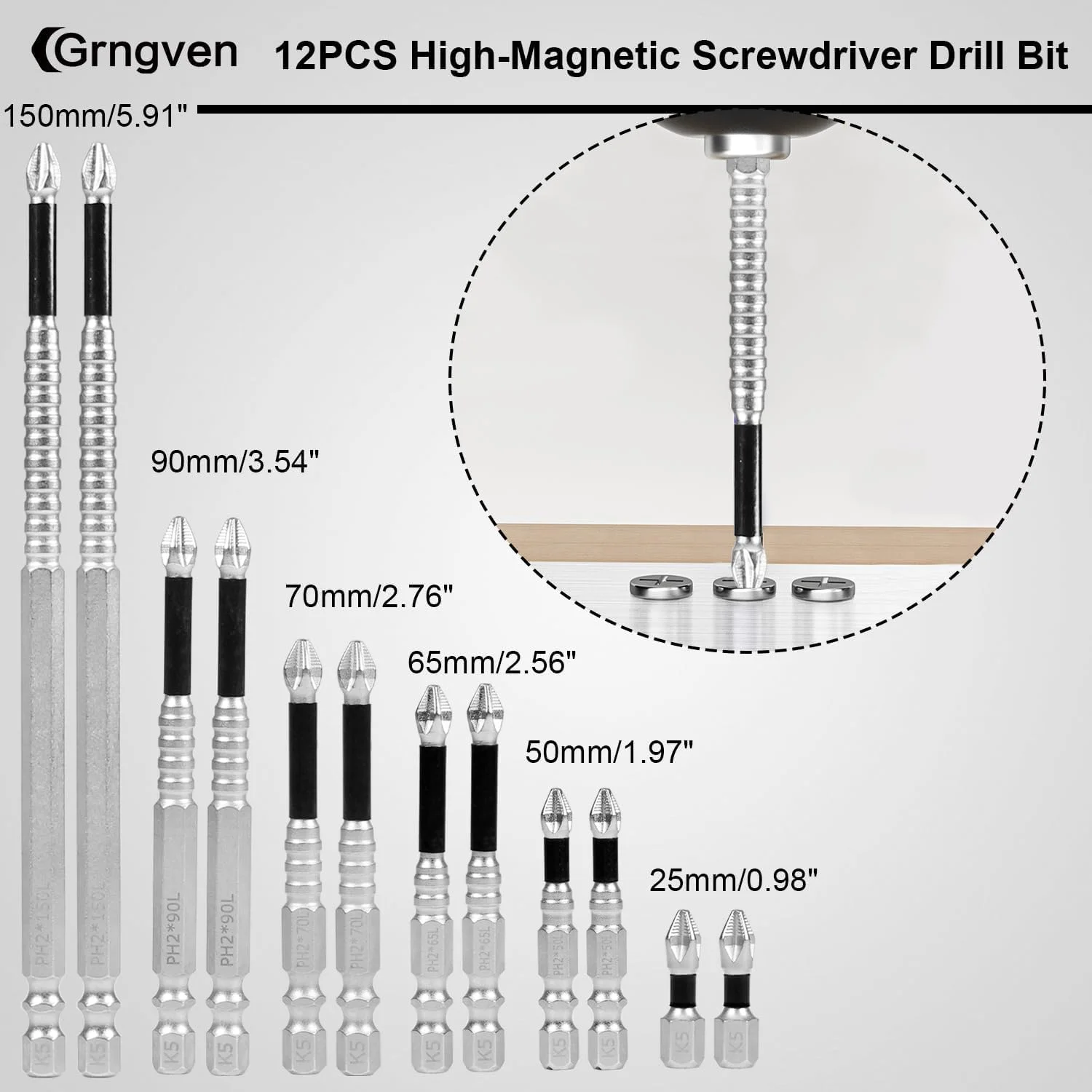 مجموعه ۱۲ عددی سری پیچ گوشتی مغناطیسی KASTWAVE - مجموعه سری های پیچ گوشتی مغناطیسی ضد لغزش (۲۵/۵۰/۶۵/۷۰/۹۰/۱۵۰ میلی متر) برای دریل های دستی/برقی | استفاده حرفه ای