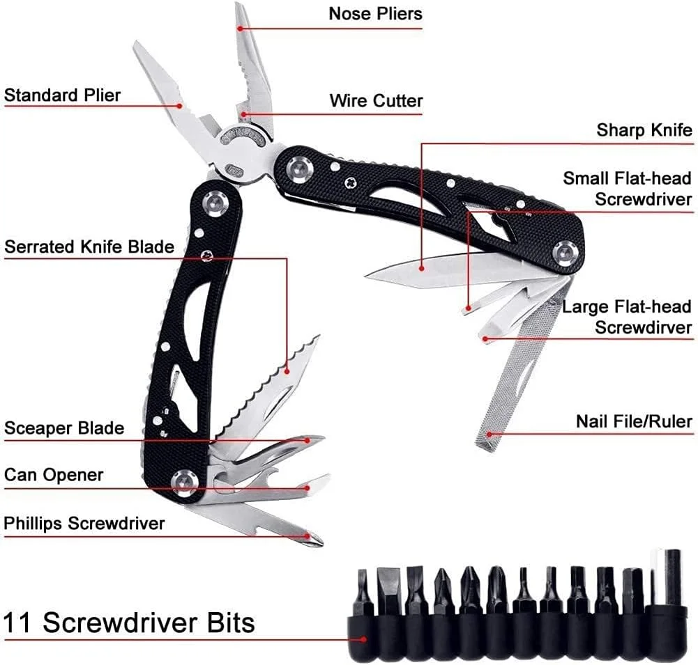 انبر چندکاره KASTWAVE، ابزار انبردست تاشو چندکاره فولاد ضد زنگ، کیت بقای چند منظوره در فضای باز با 11 سری پیچ گوشتی و غلاف نایلونی، ابزار جیبی ایده آل