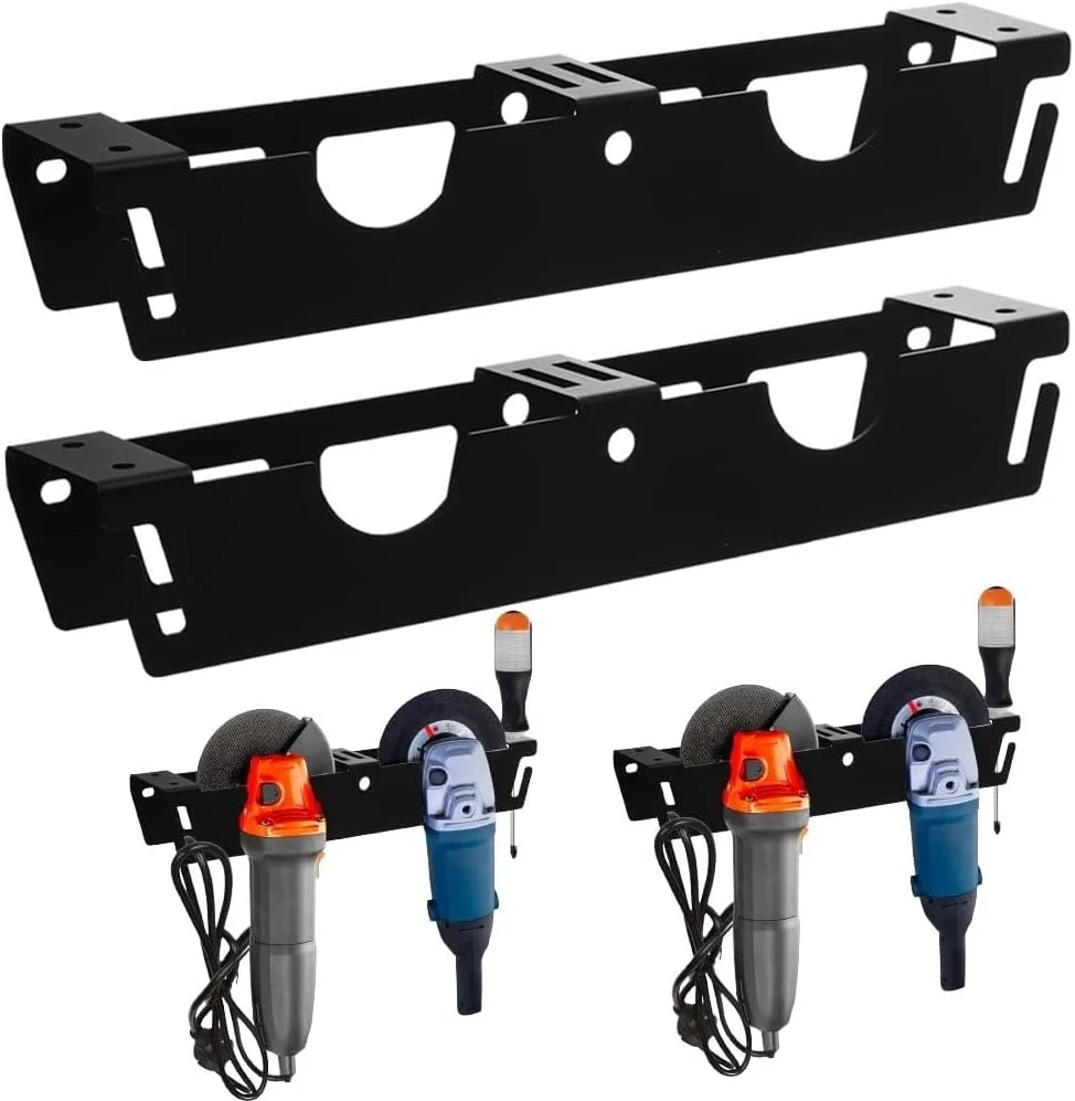 نگهدارنده فرز زاویه ای، 2 عدد، نگهدارنده های فرز زاویه ای فلزی نصب شده روی دیوار برای صرفه جویی در فضا، براکت نصب شده روی دیوار گاراژ برای فرزهای زاویه ای، برش دهنده ها، پیچ گوشتی، صرفه جویی در فضا