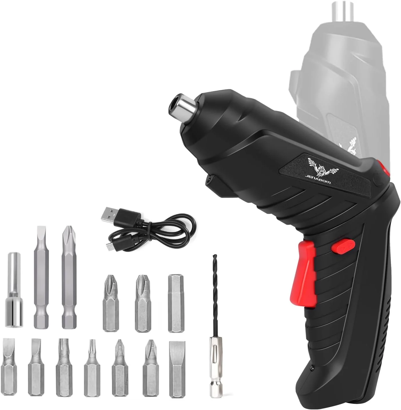 مجموعه پیچ گوشتی برقی شارژی کوچک 14 در 1 JENABOM با دریل برقی 3.6 ولت لیتیوم-یون با حداکثر گشتاور 3.5 نیوتن متر، چرخش برقی با چراغ LED برای ابزارهای DIY منزل و اداره (مشکی)