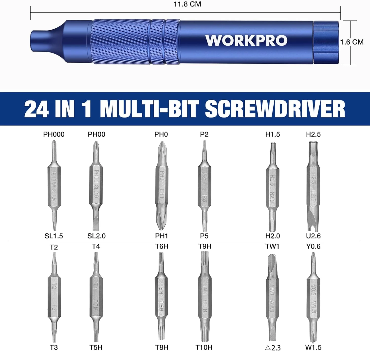 ست پیچ گوشتی دقیق 24 در 1 ورک پرو، پیچ گوشتی دستی مدل قلمی، 24 عدد سری فولادی سخت S2، ایده آل برای عینک، ساعت، لپ تاپ، تلفن، جواهرات و لوازم الکترونیکی، آبی