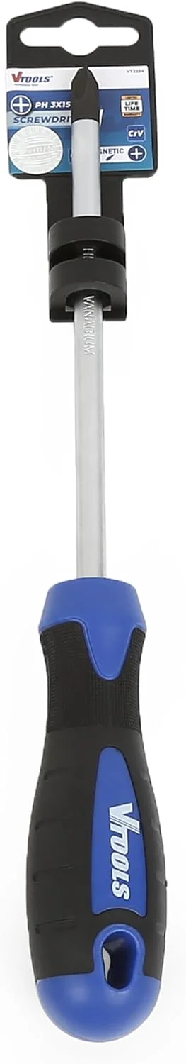 پیچ گوشتی چهارسو آهنربایی CRV چند منظوره قابل حمل VTOOLS، 3x150 میلی متر، ایده آل برای استفاده در دفتر، منزل و کار حرفه ای، آبی، VT2254