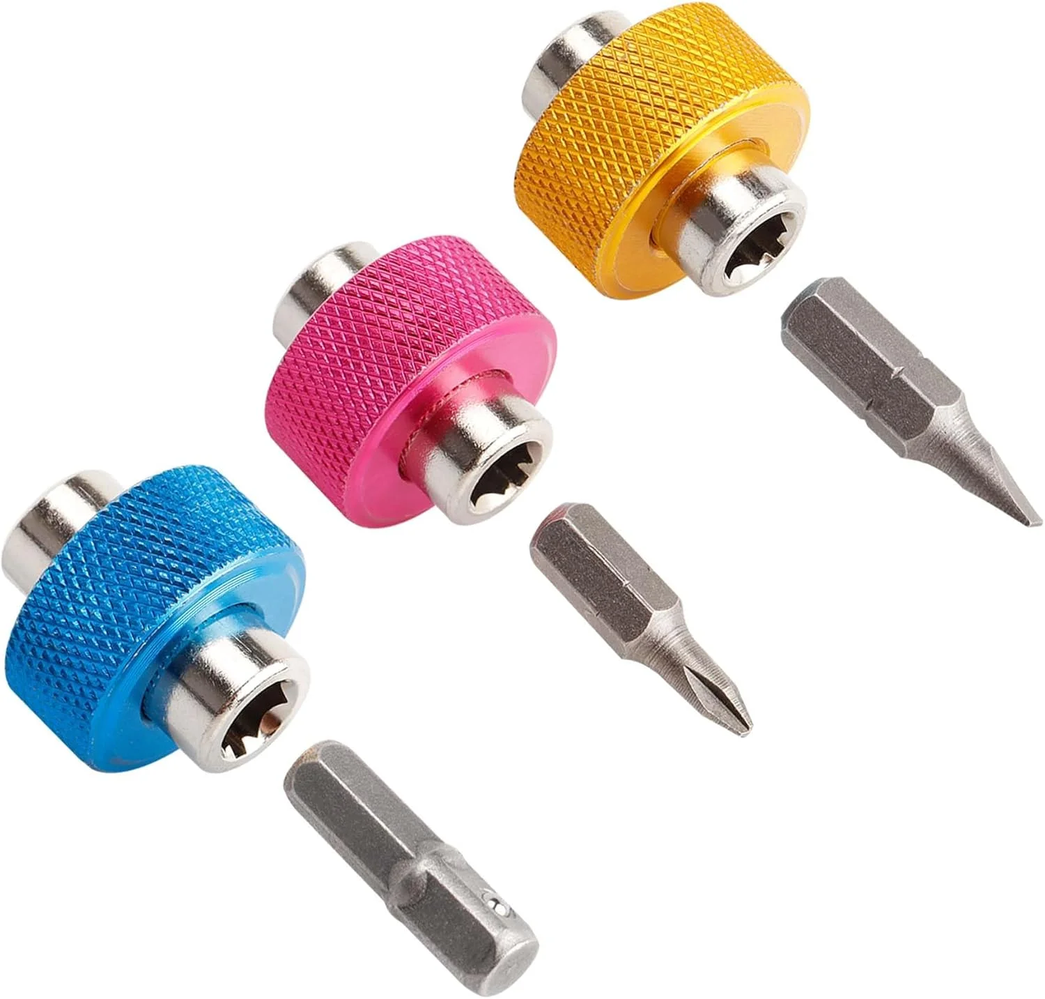 ست پیچ گوشتی کوتاه یاکاموز 3 عددی 1/4 اینچی - پیچ گوشتی مینی 2 در 1 با سری های دوسو، چهارسو و آداپتور درایو مربعی، درایور انگشتی چند منظوره برای فضاهای تنگ (صورتی/آبی/زرد)