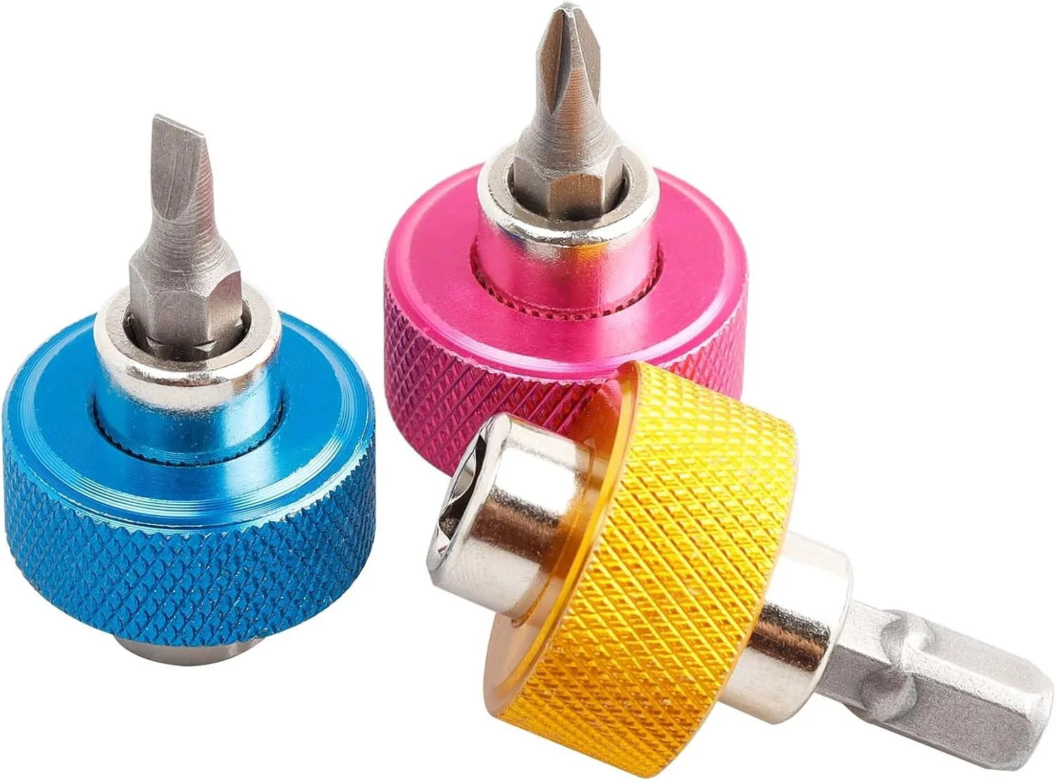 ست پیچ گوشتی کوتاه یاکاموز 3 عددی 1/4 اینچی - پیچ گوشتی مینی 2 در 1 با سری های دوسو، چهارسو و آداپتور درایو مربعی، درایور انگشتی چند منظوره برای فضاهای تنگ (صورتی/آبی/زرد)