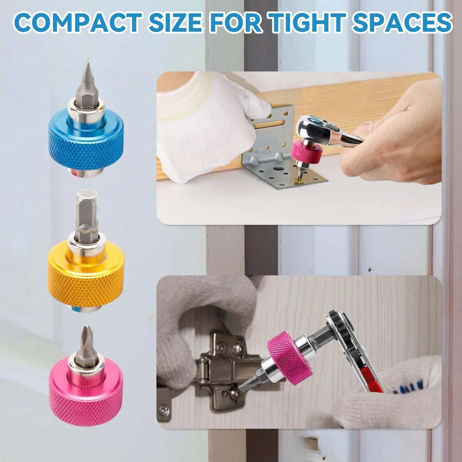 ست پیچ گوشتی کوتاه یاکاموز 3 عددی 1/4 اینچی - پیچ گوشتی مینی 2 در 1 با سری های دوسو، چهارسو و آداپتور درایو مربعی، درایور انگشتی چند منظوره برای فضاهای تنگ (صورتی/آبی/زرد)