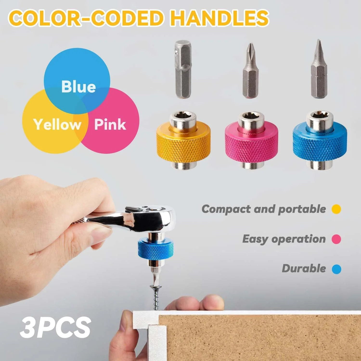 ست پیچ گوشتی کوتاه یاکاموز 3 عددی 1/4 اینچی - پیچ گوشتی مینی 2 در 1 با سری های دوسو، چهارسو و آداپتور درایو مربعی، درایور انگشتی چند منظوره برای فضاهای تنگ (صورتی/آبی/زرد)