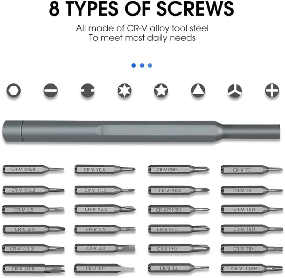 ست پیچ گوشتی دقیق ممتاز، کیت پیچ گوشتی کوچک بادوام با سری های چهارسو و دوسو، ابزارهای مغناطیسی برای تعمیرات الکترونیک، کامپیوتر و عینک (25)