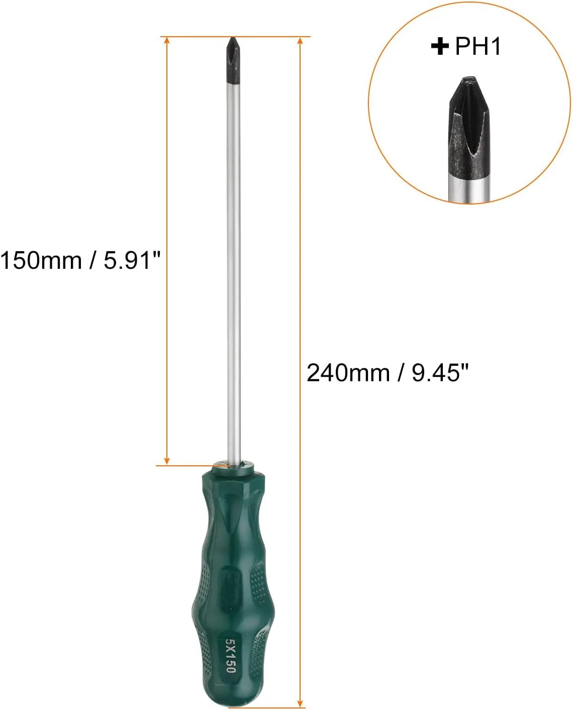 پیچ گوشتی چهارسو PH1 شماره 1، 24 سانتی متر، پیچ گوشتی مغناطیسی 15 سانتی متر با دسته ارگونومیک برای تعمیرات DIY، سبز