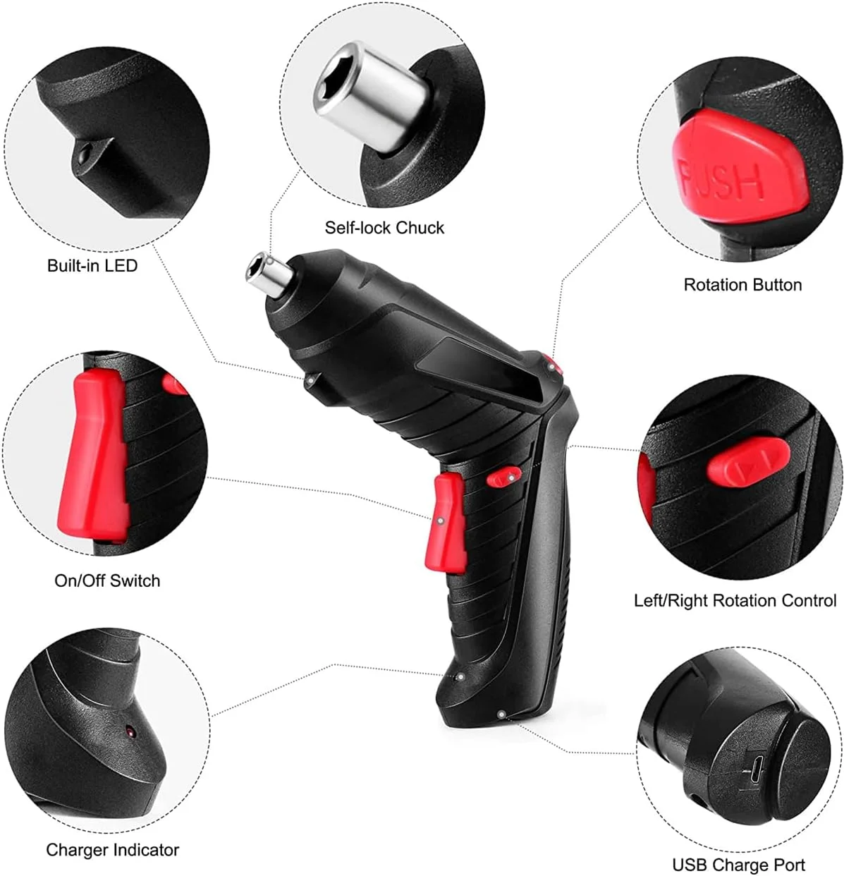 ست پیچ گوشتی برقی SKY-TOUCH، 47 در 1 با دسته قابل چرخش و شارژ USB، دریل 3.6 ولت با چراغ LED داخلی، 1800 میلی آمپر ساعت، مشکی