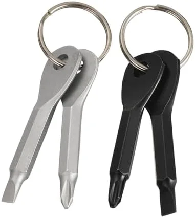 دو ست (۴ عدد) پیچ گوشتی چند منظوره قابل حمل جاکلیدی، مینی کیت مسافرتی به شکل کلید، ابزار پیچ گوشتی EDC در فضای باز با حلقه کلید (رنگ: مشکی نقره ای)