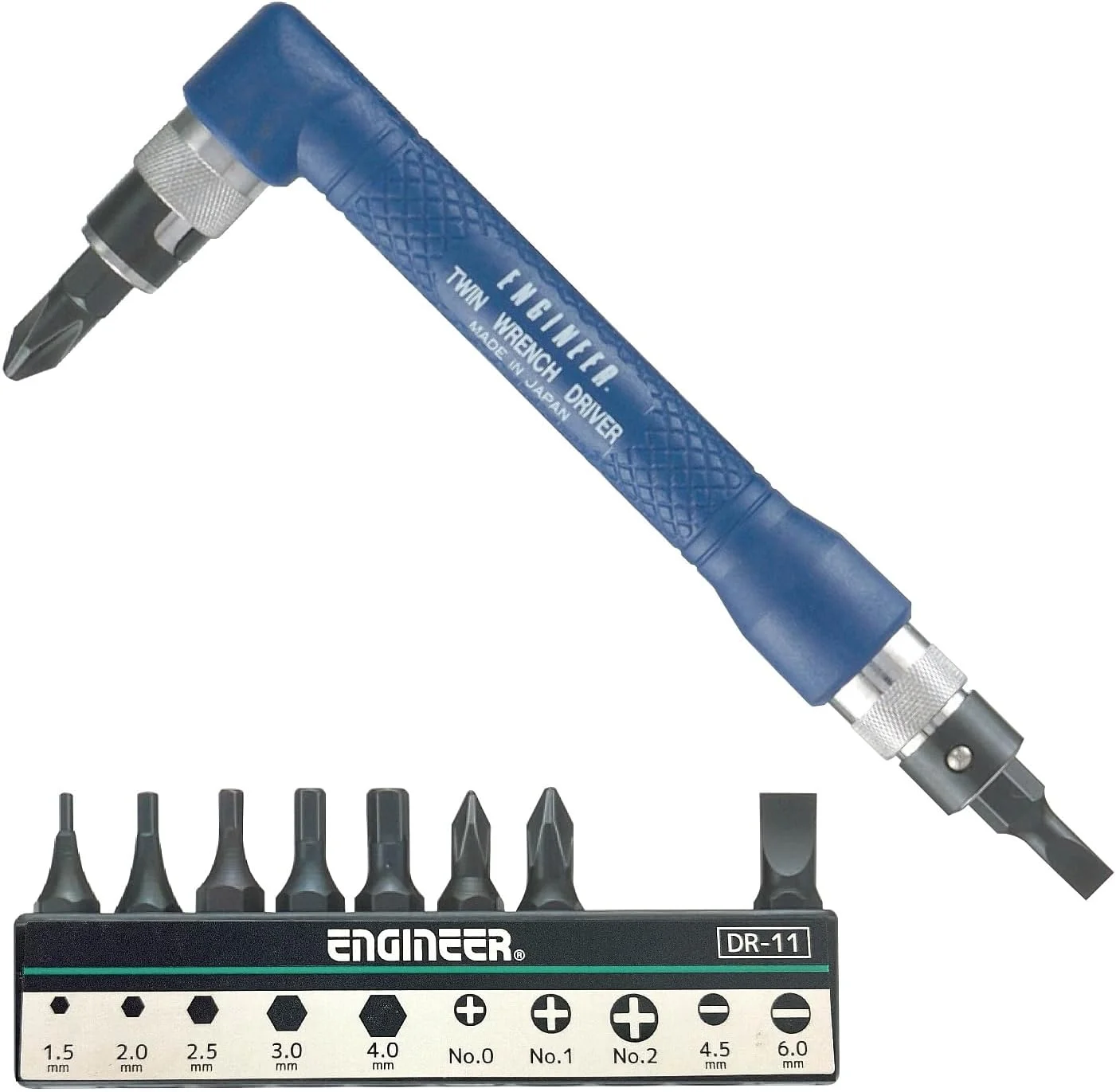 پیچ گوشتی دو سر زاویه دار مهندس به همراه سری های متنوع (آچار دو قلو). ساخت ژاپن. dr-07