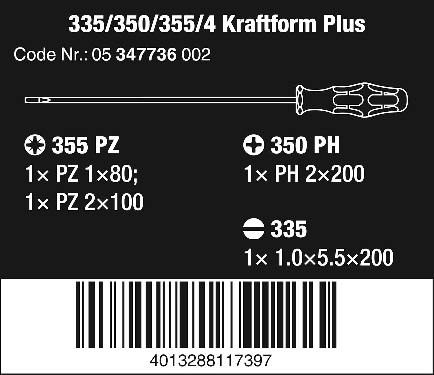 مجموعه پیچ گوشتی 4 عددی Kraftform Plus Lasertip سری بلند Wera 335/350/355/4، PH/PZ/SL، مدل 05347736002