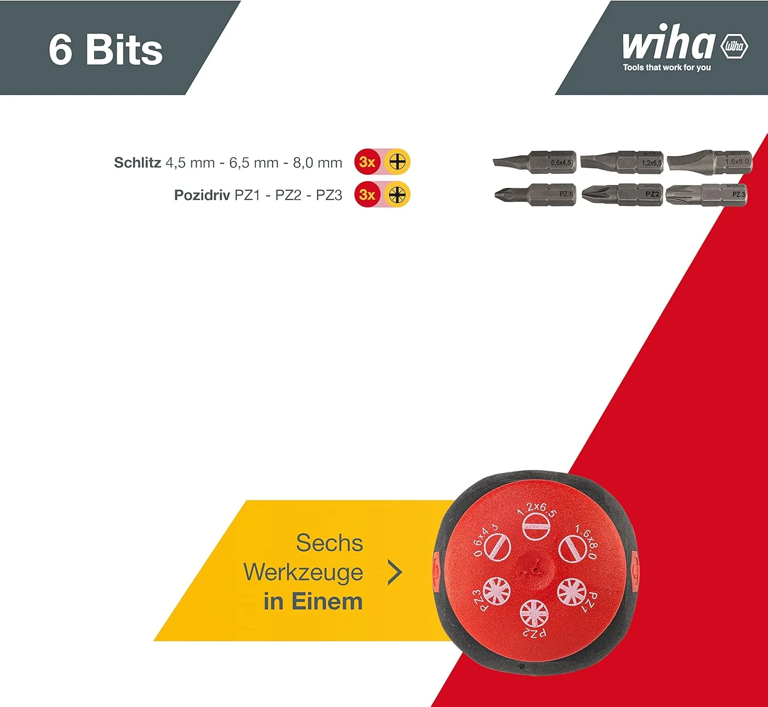نگهدارنده مگنتی بیت کوتاه Wiha 3801-04 / مینی پیچ گوشتی با 6 بیت در دسته / پیچ گوشتی مغناطیسی با بیت های دوسو و پوزی درایو / 1/4"