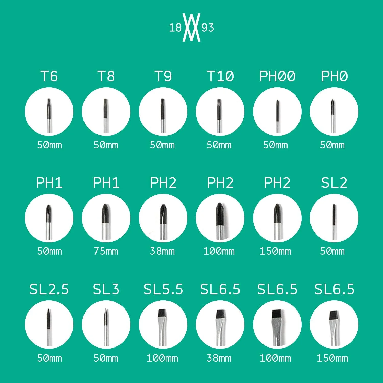 ست پیچ گوشتی 18 عددی WIESEMANN 1893، بلند، کوتاه، مکانیکی، دقیق، کروم، با نگهدارنده، PH، TX با نوک مغناطیسی، 81154