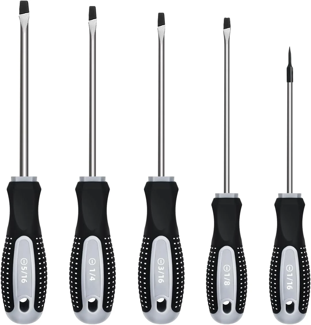 مجموعه پیچ گوشتی تخت (شامل 5 عدد در سایزهای 1/16 اینچ، 1/8 اینچ، 3/16 اینچ، 1/4 اینچ، 5/16 اینچ) پیچ گوشتی های دوسو با نوک مغناطیسی و دسته ارگونومیک نرم - پیچ گوشتی های تخت استاندارد و دقیق