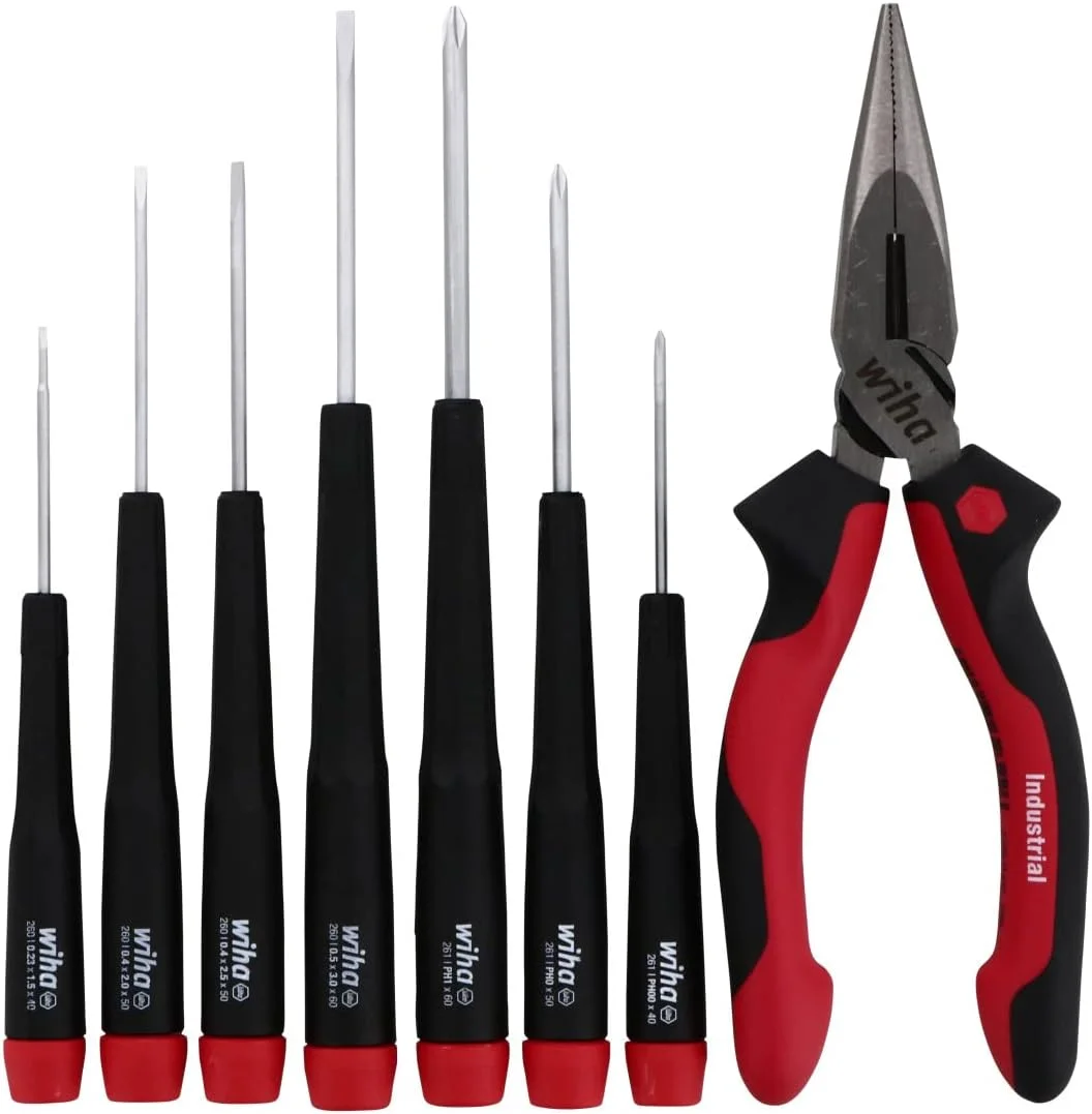 مجموعه پیچ گوشتی دوسو و چهارسو ویها 26190 به همراه انبر دم باریک حرفه ای 6.3 اینچی، 8 تکه