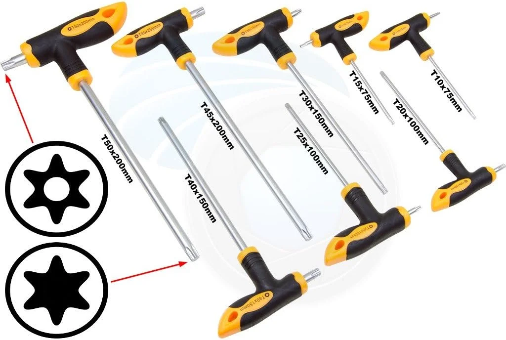 مجموعه ۸ عددی پیچ گوشتی ستاره ای T دسته T کروم وانادیوم Tolsen سایزهای T10 T15 T20 T25 T30 T40 T45 T50