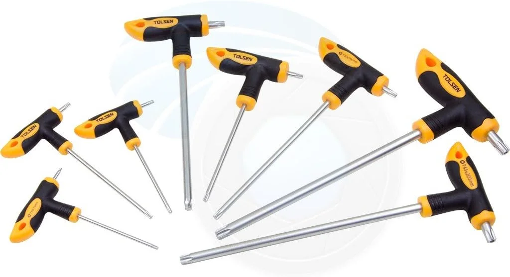 مجموعه ۸ عددی پیچ گوشتی ستاره ای T دسته T کروم وانادیوم Tolsen سایزهای T10 T15 T20 T25 T30 T40 T45 T50