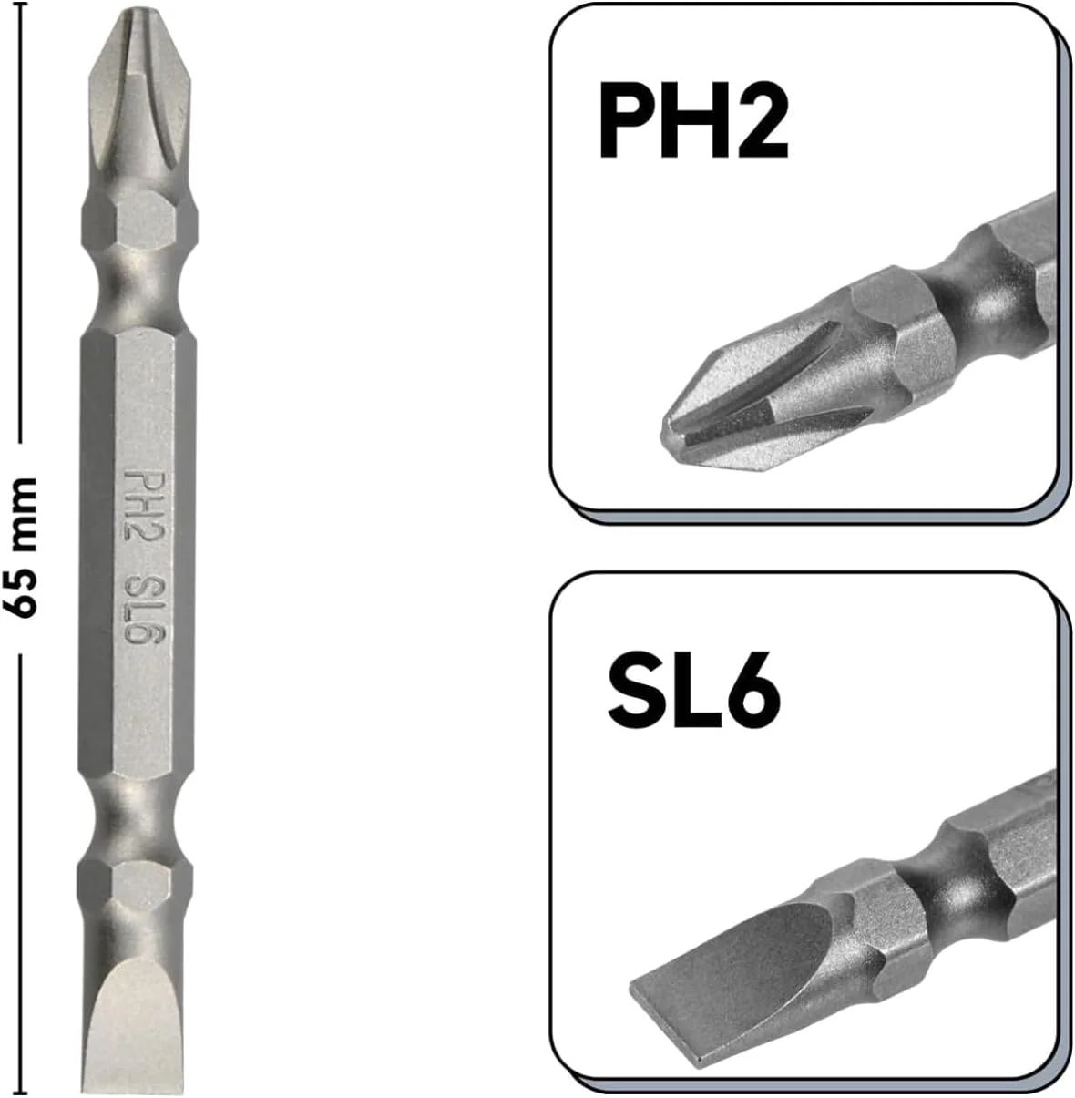 ست سری پیچ گوشتی دو طرفه استیل ضد زنگ TOMAHAWK مدل PH2 به طول 65 میلی متر، دوسو و چهارسو (+/-) مناسب برای مصارف صنعتی و خانگی (10 عدد)