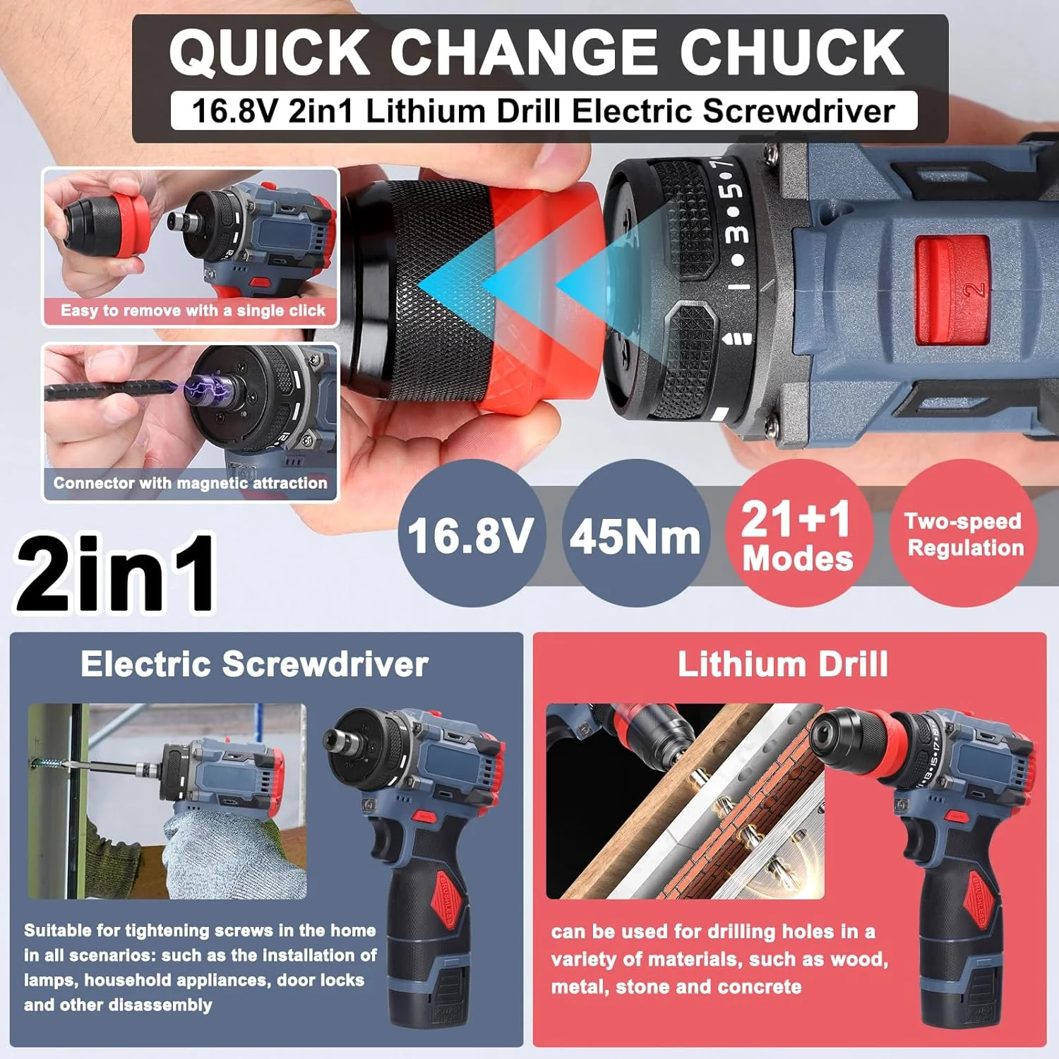 دریل لیتیومی 2 در 1 Fawoonu 16.8V، پیچ گوشتی برقی چند منظوره، ابزار برقی با گشتاور 45 نیوتن متر، موتور براشلس، پیچ گوشتی کاربردی برای نصب لوازم خانگی، نصب مبلمان، تعمیرات الکترونیک خودرو دریل لیتیومی 2 در 1 Fawoonu 16.8V، پیچ گوشتی برقی چند منظوره، ابزار برقی با گشتاور 45 نیوتن متر، موتور براشلس، پیچ گوشتی کاربردی برای نصب لوازم خانگی، نصب مبلمان، تعمیرات الکترونیک خودرو