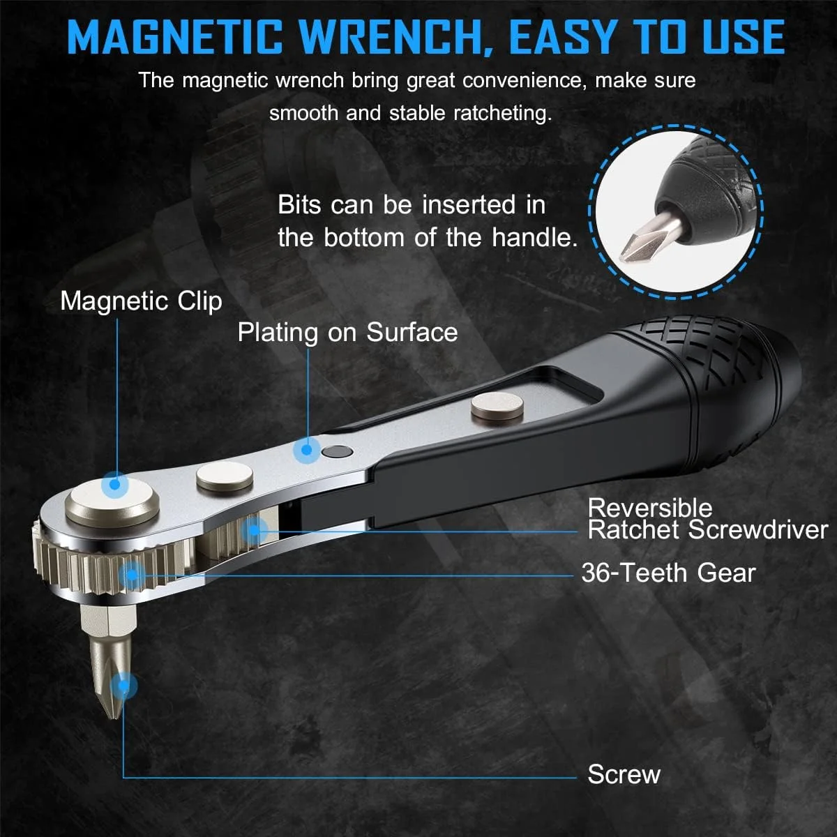 ست مینی آچار جغجغه ای و سری پیچ گوشتی Steinwhale با سری های شش گوش 1/4 اینچی، ساخته شده از فولاد S2 با ماشینکاری CNC، دنده 36 دندانه ای برگشت پذیر، دسته با زاویه 90 درجه، نگهدارنده مغناطیسی