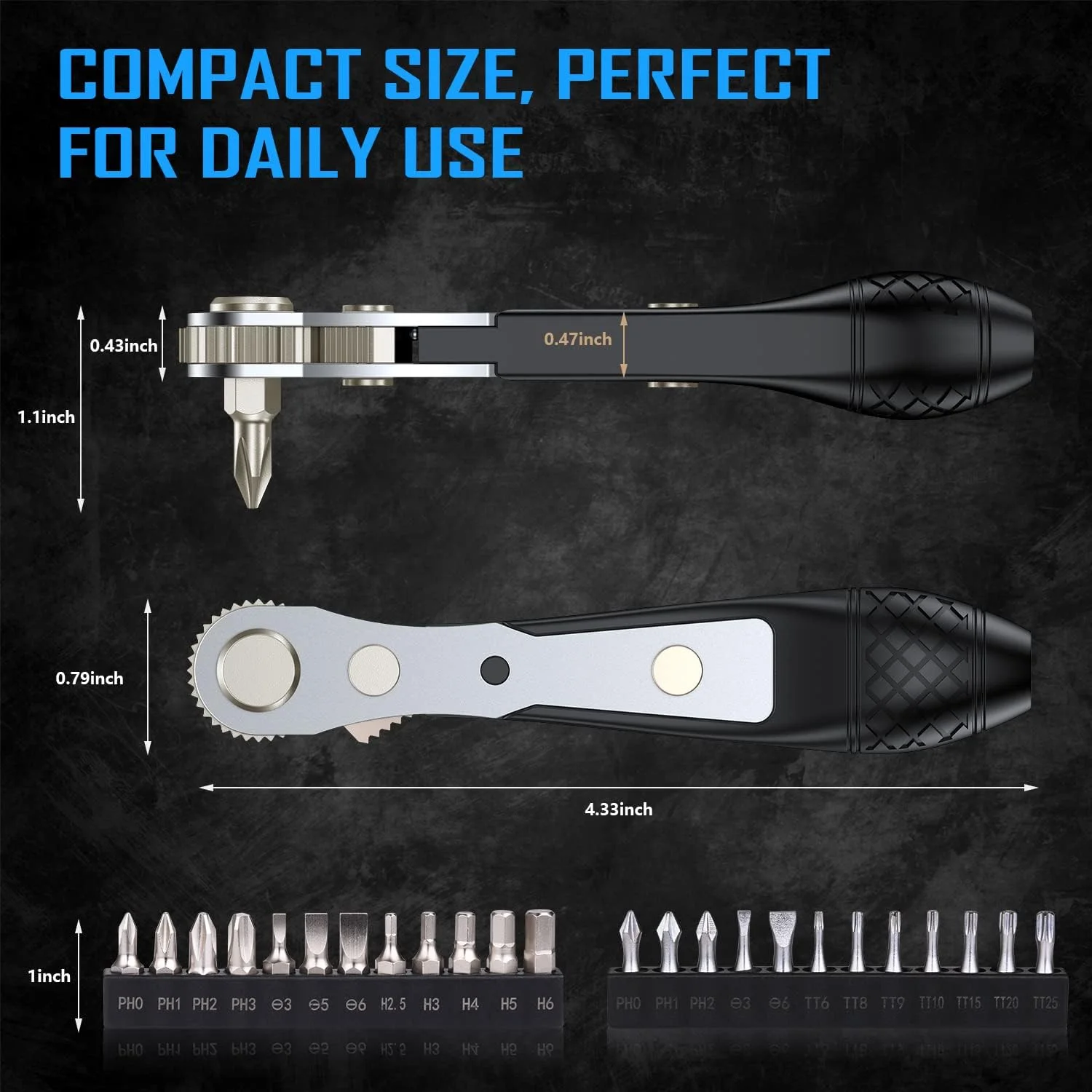 ست مینی آچار جغجغه ای و سری پیچ گوشتی Steinwhale با سری های شش گوش 1/4 اینچی، ساخته شده از فولاد S2 با ماشینکاری CNC، دنده 36 دندانه ای برگشت پذیر، دسته با زاویه 90 درجه، نگهدارنده مغناطیسی