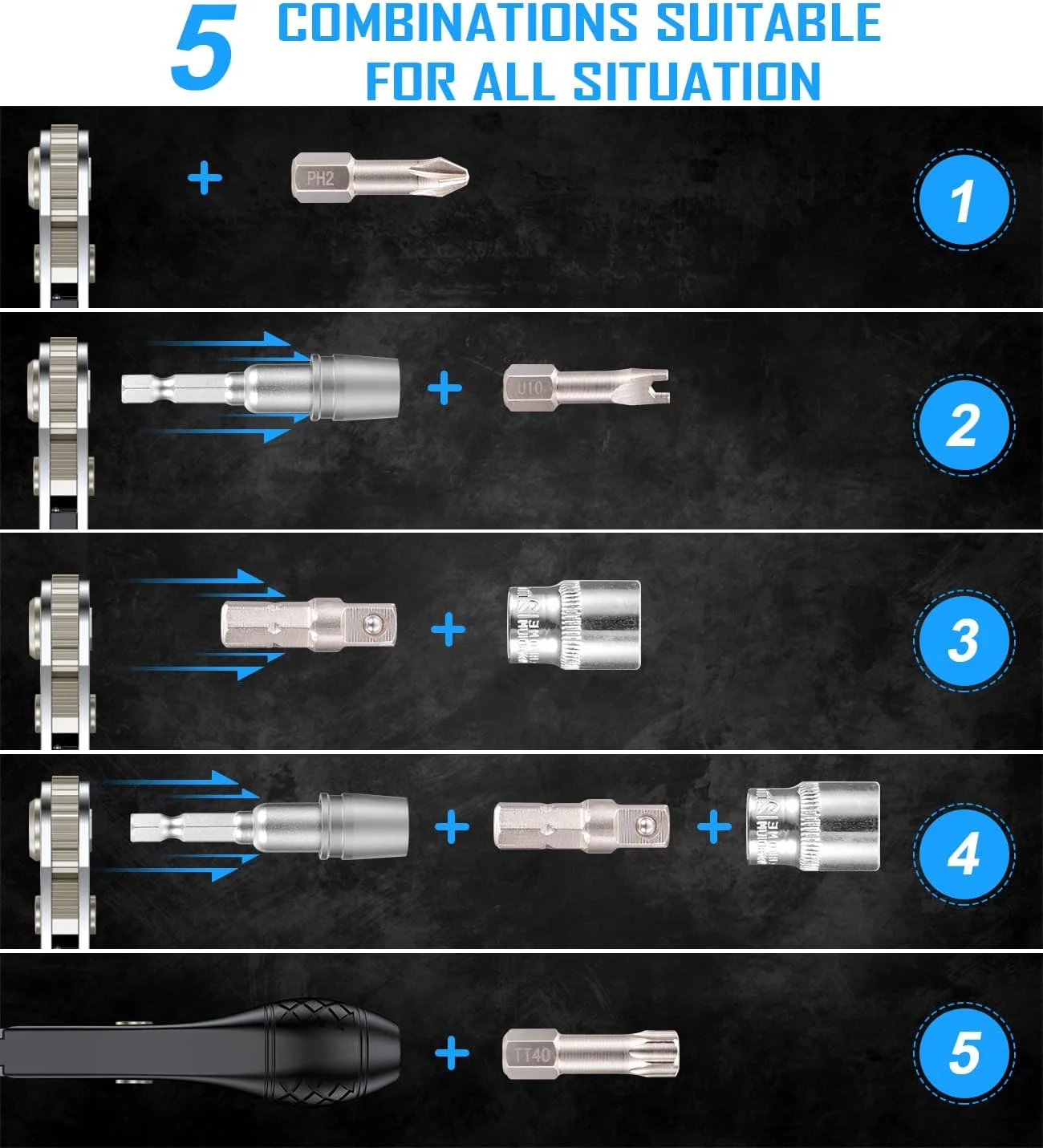ست مینی آچار جغجغه ای و سری پیچ گوشتی Steinwhale با سری های شش گوش 1/4 اینچی، ساخته شده از فولاد S2 با ماشینکاری CNC، دنده 36 دندانه ای برگشت پذیر، دسته با زاویه 90 درجه، نگهدارنده مغناطیسی