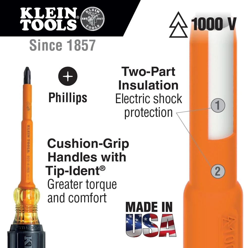 پیچ گوشتی عایق کلاین تولز 603-4-INS، نوک 2 فیلیپس، 4 اینچ