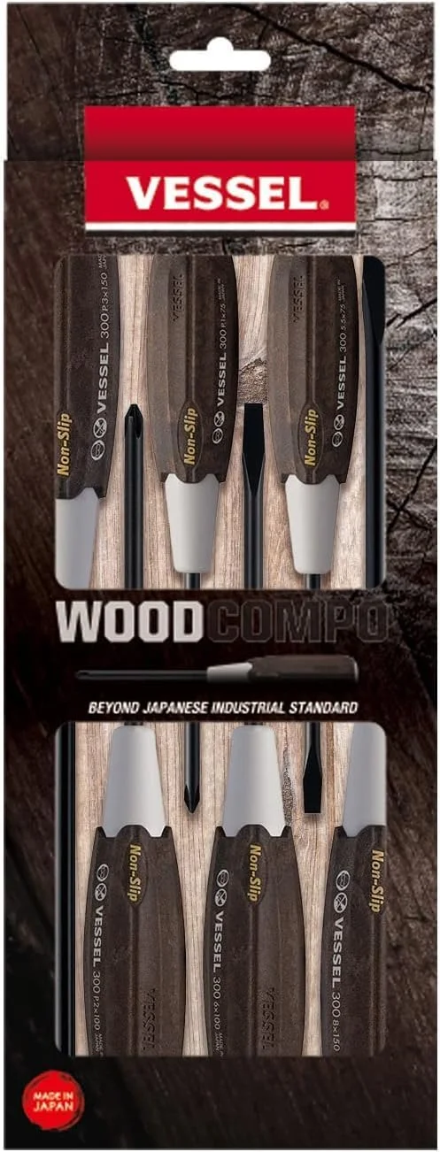 مجموعه 6 عددی پیچ گوشتی دسته چوبی ضد لغزش VESSEL ساخت ژاپن مدل 3006CS مجموعه 6 عددی پیچ گوشتی دسته چوبی ضد لغزش VESSEL ساخت ژاپن مدل 3006CS
