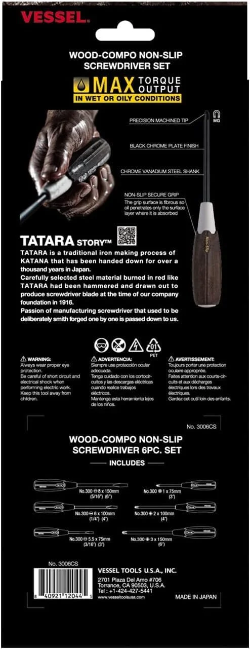 مجموعه 6 عددی پیچ گوشتی دسته چوبی ضد لغزش VESSEL ساخت ژاپن مدل 3006CS مجموعه 6 عددی پیچ گوشتی دسته چوبی ضد لغزش VESSEL ساخت ژاپن مدل 3006CS
