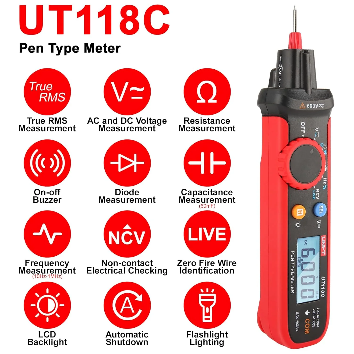 مولتی متر دیجیتال قلمی یونیتی مدل UT118C، تستر ولتاژ AC/DC، شمارش 6000، ولت متر غیر تماسی 6 ولت - 600 ولت، تستر قلمی با حالت NCV دیود پیوستگی مقاومت ظرفیت سیم زنده مولتی متر دیجیتال قلمی یونیتی مدل UT118C، تستر ولتاژ AC/DC، شمارش 6000، ولت متر غیر تماسی 6 ولت - 600 ولت، تستر قلمی با حالت NCV دیود پیوستگی مقاومت ظرفیت سیم زنده