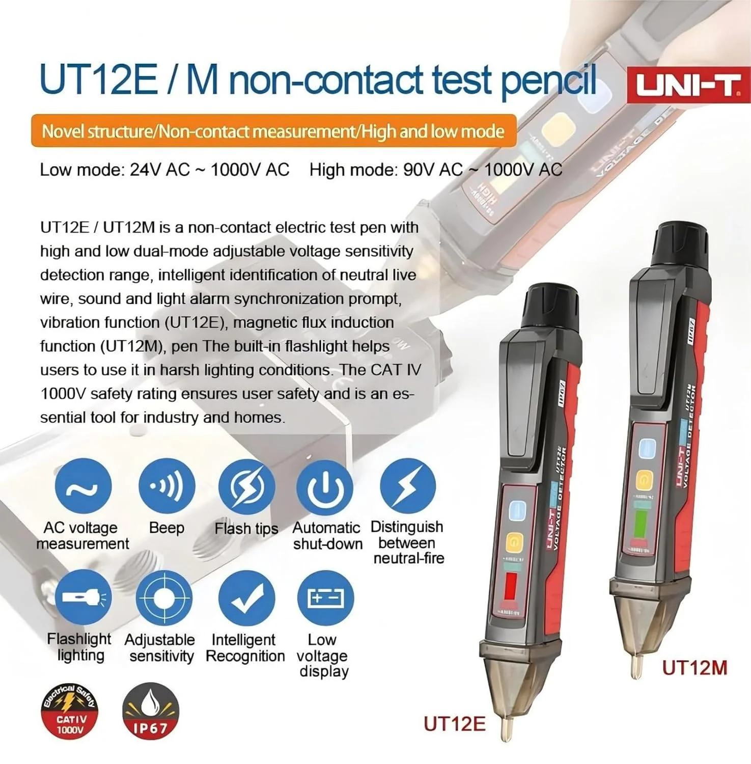 دستگاه تشخیص ولتاژ AC یونیتی مدل UT12E UT12M با محدوده 24V-1000V، قلم تست غیر تماسی، تستر پریز برق دستگاه تشخیص ولتاژ AC یونیتی مدل UT12E UT12M با محدوده 24V-1000V، قلم تست غیر تماسی، تستر پریز برق