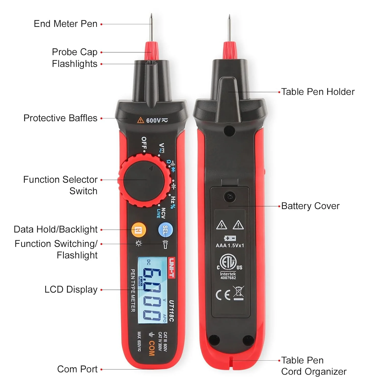 مولتی متر دیجیتال قلمی یونیتی مدل UT118C، تستر ولتاژ AC/DC، شمارش 6000، ولت متر غیر تماسی 6 ولت - 600 ولت، تستر قلمی با حالت NCV دیود پیوستگی مقاومت ظرفیت سیم زنده مولتی متر دیجیتال قلمی یونیتی مدل UT118C، تستر ولتاژ AC/DC، شمارش 6000، ولت متر غیر تماسی 6 ولت - 600 ولت، تستر قلمی با حالت NCV دیود پیوستگی مقاومت ظرفیت سیم زنده