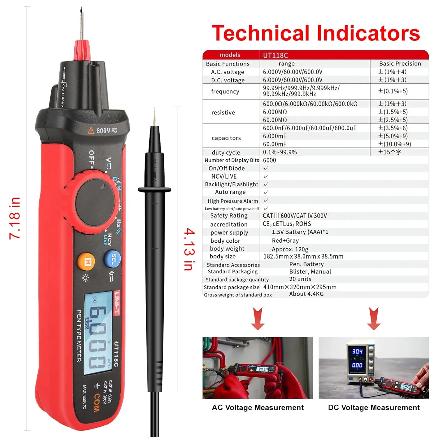 مولتی متر دیجیتال قلمی یونیتی مدل UT118C، تستر ولتاژ AC/DC، شمارش 6000، ولت متر غیر تماسی 6 ولت - 600 ولت، تستر قلمی با حالت NCV دیود پیوستگی مقاومت ظرفیت سیم زنده مولتی متر دیجیتال قلمی یونیتی مدل UT118C، تستر ولتاژ AC/DC، شمارش 6000، ولت متر غیر تماسی 6 ولت - 600 ولت، تستر قلمی با حالت NCV دیود پیوستگی مقاومت ظرفیت سیم زنده