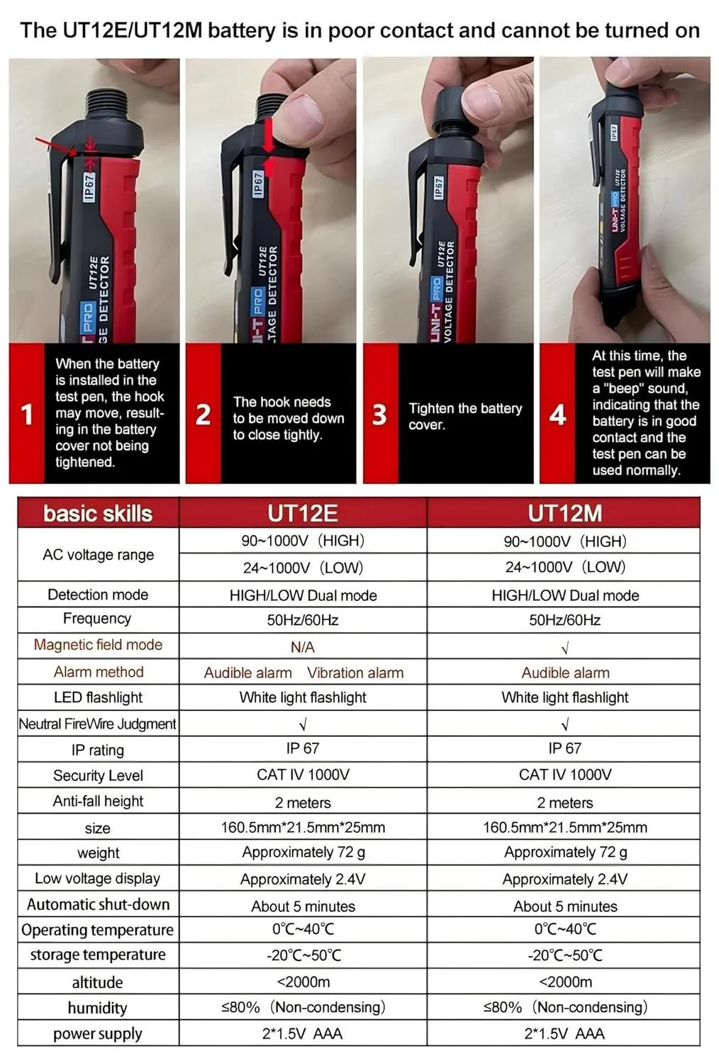 دستگاه تشخیص ولتاژ AC یونیتی مدل UT12E UT12M با محدوده 24V-1000V، قلم تست غیر تماسی، تستر پریز برق دستگاه تشخیص ولتاژ AC یونیتی مدل UT12E UT12M با محدوده 24V-1000V، قلم تست غیر تماسی، تستر پریز برق