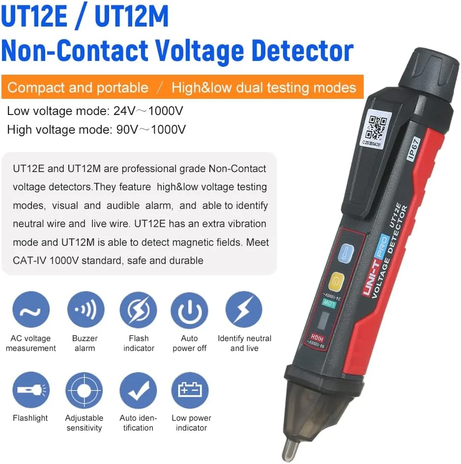 تستر مدار UNI-T مدل UT12E، ولتمتر AC با محدوده 24 تا 1000 ولت، قلم تستر غیر تماسی قابل حمل، مداد تست برق با آلارم صوتی و نوری و چراغ قوه LED و لرزش تستر مدار UNI-T مدل UT12E، ولتمتر AC با محدوده 24 تا 1000 ولت، قلم تستر غیر تماسی قابل حمل، مداد تست برق با آلارم صوتی و نوری و چراغ قوه LED و لرزش