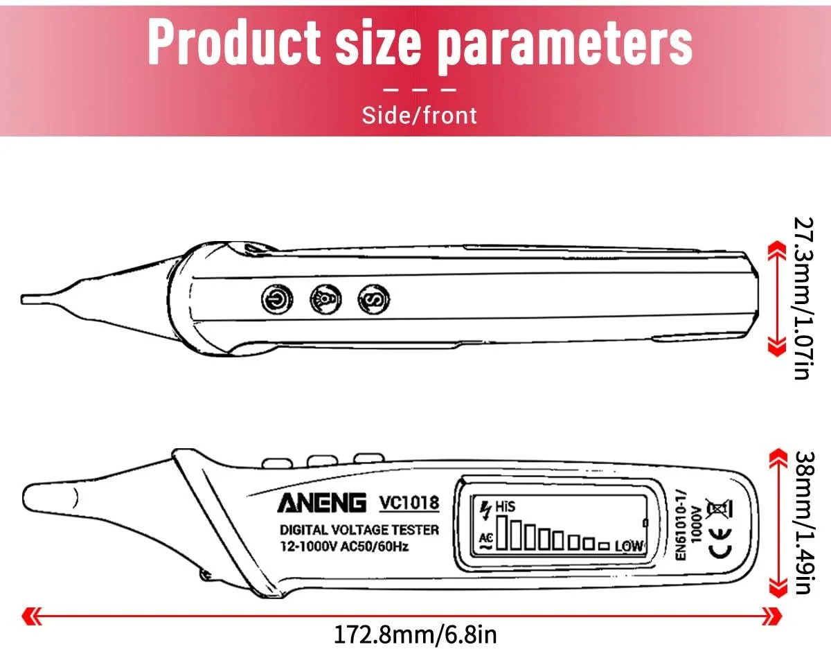 قلم تست ولتاژ دیجیتال غیر تماسی UNI-T مدل VC1018، تستر چند منظوره 12V-1000V AC/DC با آلارم صوتی و نوری